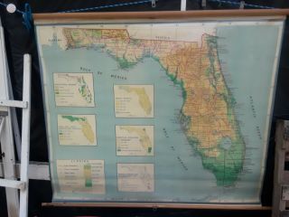 Vintage A.  J.  Nystrom Pull Down Classroom Map Of Florida Usa Wall Map 62” X 54”