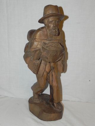 Vtg Hand Carved Wooden Peddler Carrying A Basket & Goods On His Back 16 " Tall