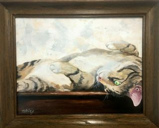 Gray Tabby Cat Oil Painting By R Zebley,  11 X 14 In Vintage Wood Frame