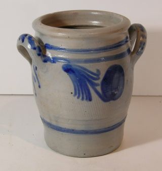 1890s Cobalt Decorated Salt Glaze Gray Stoneware Double Handled Crock / Jar