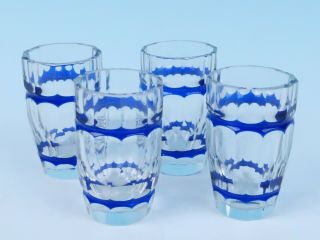 Set Of 4 Antique Cobalt Blue Cut To Clear Shot Glasses Facet Optic Glass French