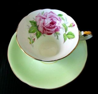 Aynsley Cabbage Rose Corset Green Teacup And Saucer Set Yellow Stripe Vintage