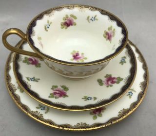 Rare Antique Wedgwood Cup Saucer Plate Trio Cabbage Roses Gold Cobalt Hand - Paint