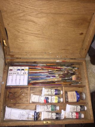 Vintage Artist Wooden Paint Box Art Supplies Case With Supplies Dovetails
