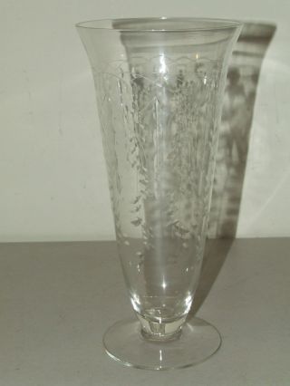 Antique Victorian Hand Blown Clear Glass Footed Vase With Etched Designs 9 1/2 "