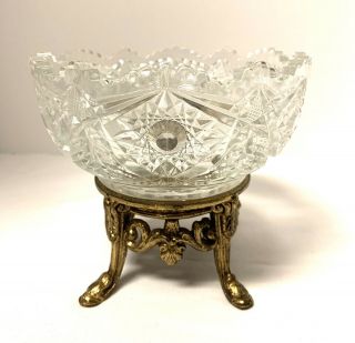 Antique Clear Crystal Compote W/ Metal Base For Fruit Bowl Or Candy Dish