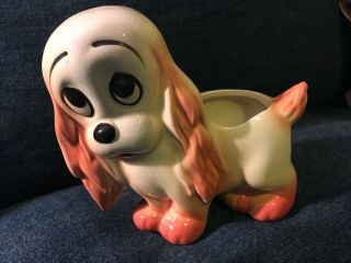 Vintage Ceramic Sad Eyed Puppy Dog Planter Vase Orange On Cream 5.  25” X 5.  25”