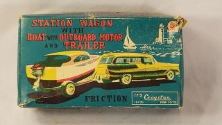Cragstan Vintage Rare Station Wagon With Boat And Trailer Friction Toy