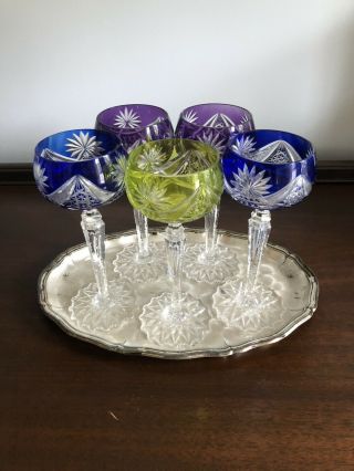 Vintage Bohemian Czech Crystal Cut To Clear Wine Goblets (6)
