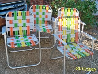 4 Aluminum Lawn Chairs Vintage Folding Chairs Webbed Beach Orange Yellow White