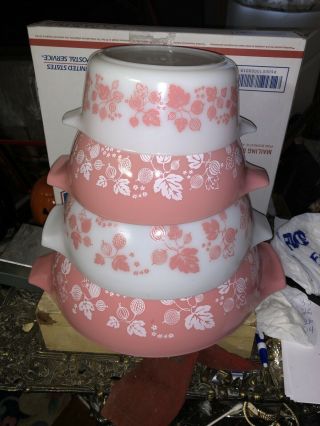 Vintage Pyrex Pink Gooseberry Cinderella Mixing Bowls Set 441 442 443 444