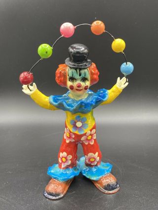 Vintage Circus Clown Paper Mache Statue Juggling Colorful Bright 8 - 1/2” Tall