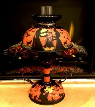 Vintage Halloween Toleware Lamp Haunted House Black Cats Witches Hp By Peggy G