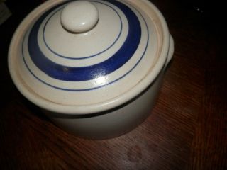 Vintage Primitive Stoneware Ceramic Pottery Crock W/lid With Blue Stripes