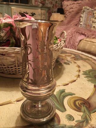 Lovely Antique Victorian Mercury Glass Vase Frosted Foliage Design 6