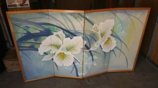 Vintage Oriental Asian Floral Design Folding Screen Picture 4 Panels