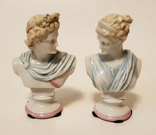Pair Antique German Porcelain Figurines Busts Apollo And Artemis Diana Marked