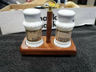 Vintage - White Milk Glass Salt And Pepper Shakers With Lids & Wooden Carrier