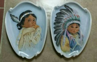 Lola Wagers Antique Hand Painted Porcelain Plaques Portraits Indian Children
