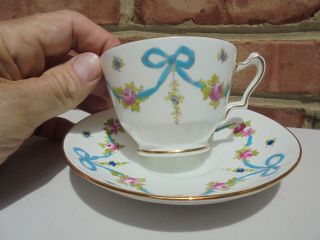 Vintage Crown Staffordshire Porcelain Blue Ribbon & Bow Tea Cup & Saucer Set