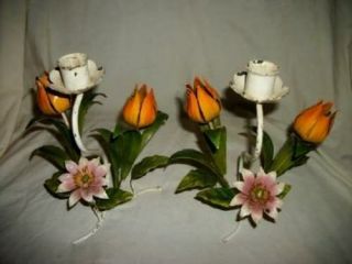 Italian Tole Floral Candle Holders Chippy Vintage Early Mid Century
