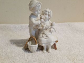 Antique White Porcelain Bisque Figurine With Gold Handle Basket & Bench 7582