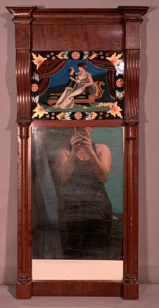 19thc Antique Victorian Wood Ogee Og Mirror Old Reverse Lady Painting On Glass