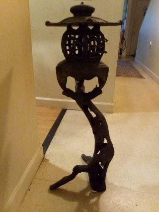 Rare Vintage Japanese Cast Iron Lantern On Crooked Branch Stand 36 In Tall