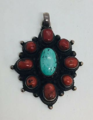 Vintage Navajo Native American Sterling Silver Blue Turquoise Red Coral Pendant