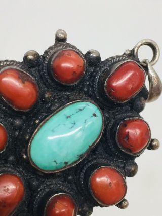 Vintage Navajo Native American Sterling Silver Blue Turquoise Red Coral Pendant 2