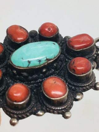 Vintage Navajo Native American Sterling Silver Blue Turquoise Red Coral Pendant 3