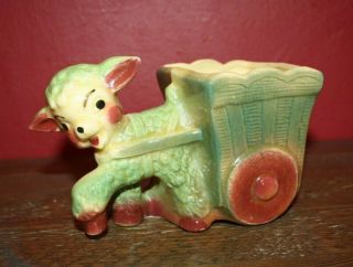 Vintage Shawnee Pottery Green/red Lamb Pulling Cart Planter 1950 