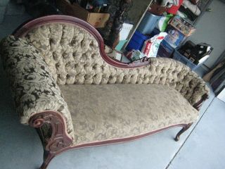 Vintage Hollywood Regency Sofa Fainting Couch Chaise Lounge Wood Trim