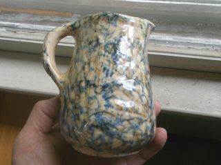 Antique Blue & Brown Spongeware Pottery Creamer 4 3/4 " Pitcher With Corn Pattern