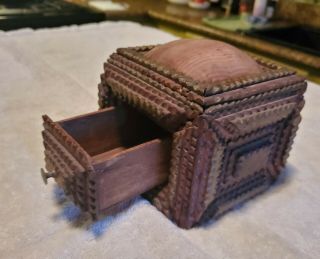Antique Primitive Tramp Art Chip Carved Tri Colored Sewing Trinket Box 1894