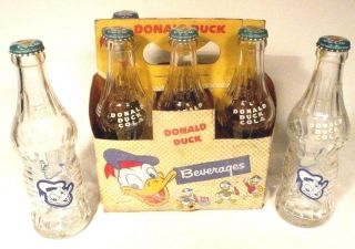 Vintage Ac Soda Pop Bottle: Donald Duck Cola - Worn Carrier W/ 6 Bottles & Caps
