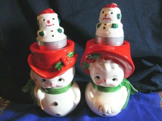 Vintage Lefton Snowman And Snow Lady Candle Holders With Snowmen Candles