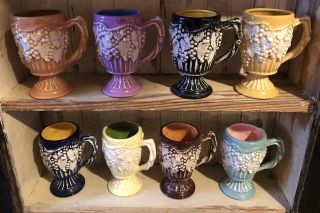 Set Of 8 Vintage Arnels Ceramic Coffee Pedestal Mugs Grapes Hand Painted Lennox