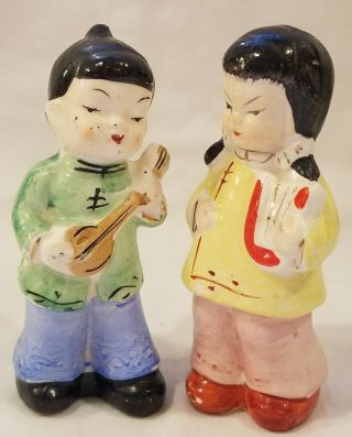 Vintage Japan Salt Pepper Shakers Porcelain Boy & Girl With Musical Instruments