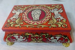 Red Vintage Fricke & Nacke Footed Tin Box West Germany Cherub Designed By Mavis