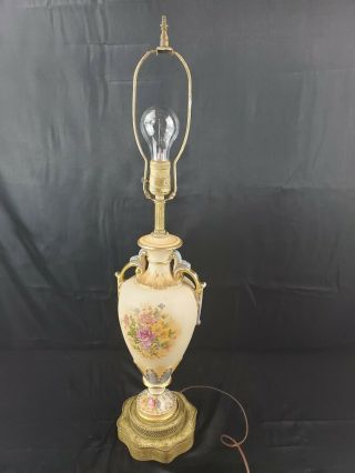 Vintage Porcelain Urn Lamp Blue Gold Trim Flowers Hand Painted Victorian Floral