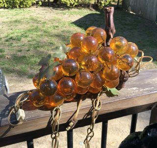 Vintage Mid Century Modern Lucite Grapes Hanging Light Mcm Amber Orange