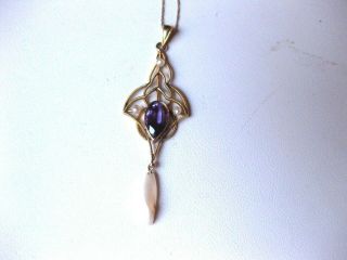 Antique Victorian 10k Yellow Gold Lavaliere With Natural Amethyst,  Pearls & Chain