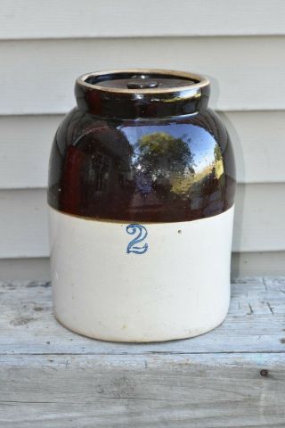Antique Vintage 2 Gallon Primitive Stoneware Ceramic Crock With Lid
