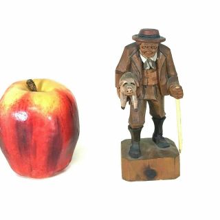Vintage Folk Art Wood Carving Of A Old Man With His Piglet