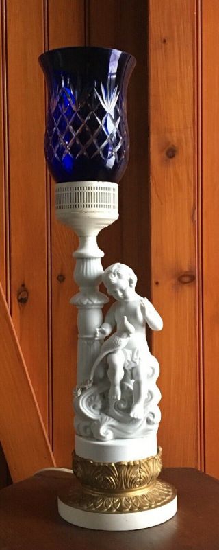 Antique Parian Bisque Parrot Nude Boy Cherub Figure Statue Porcelain Lamp