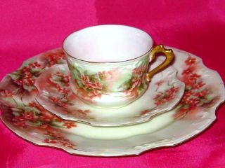 Limoges Tea Cup And Saucer Trio Hand Painted Floral Signed Vintage C.  1891