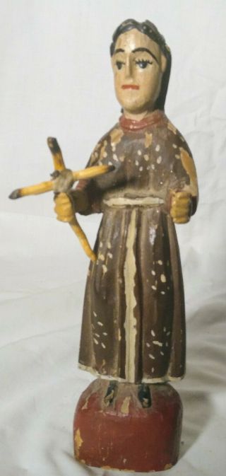 Folk Art Antique Old Primitive Wood Carving Of A Hand Painted Priest Figure