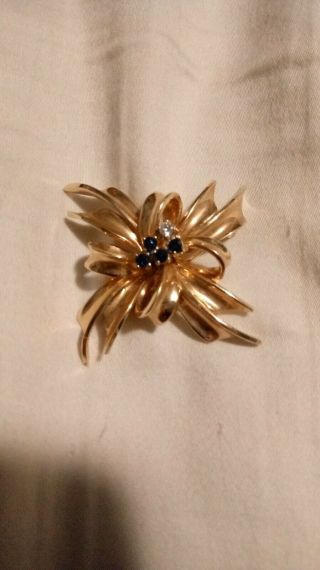 Vintage 14k Gold Brooch With One Diamond And Four Blue Sapphire And Marked Det