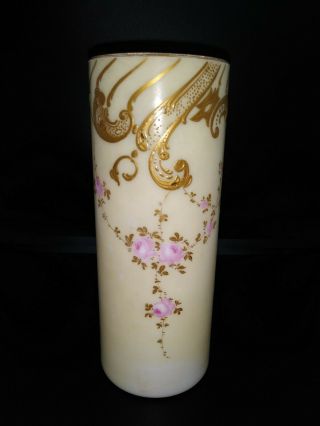 Antique Victorian Era Handpainted Satin Glass Vase 7 " Heavy Gold Trim Pink Roses